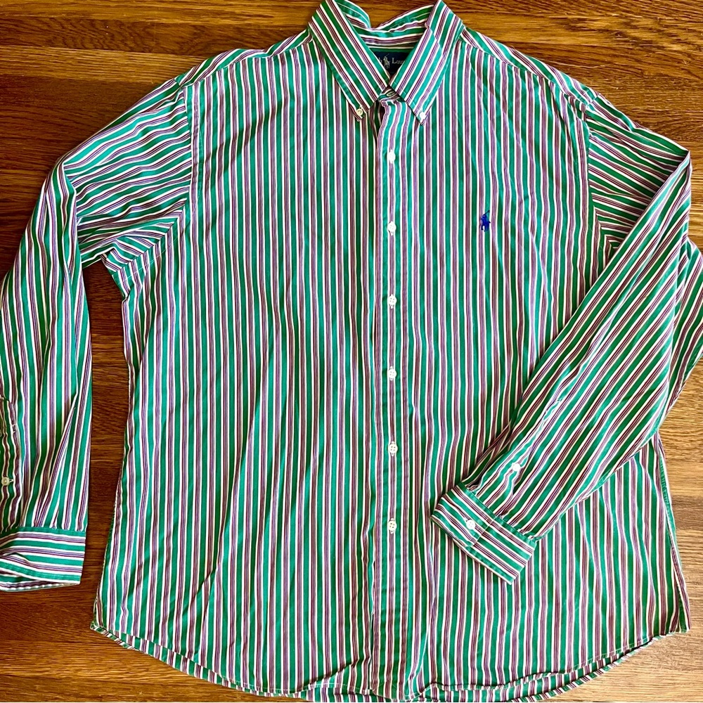 vintage Ralph Lauren button down men’s shirt striped XXL 90s green classic